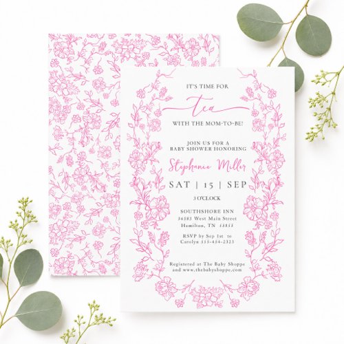 Pink Floral Tea with the Mom-to-be Baby Shower Invitation