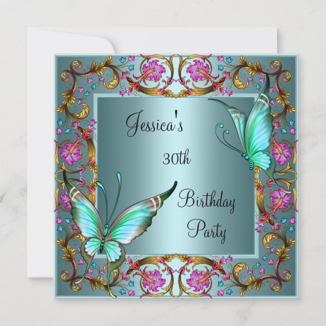 Pink Floral Teal Blue Butterfly 30th Birthday Invitation (Front)