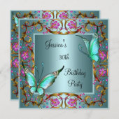 Pink Floral Teal Blue Butterfly 30th Birthday Invitation (Front/Back)