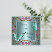 Pink Floral Teal Blue Butterfly 30th Birthday Invitation (Standing Front)