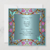 Pink Floral Teal Blue Butterfly 30th Birthday Invitation (Back)