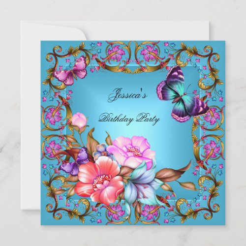Pink Floral Teal Blue Butterfly Birthday Party Invitation