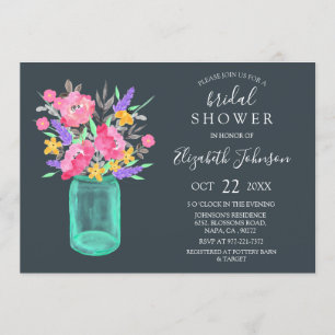 Pink Floral Teal Mason Jar Rustic Bridal Shower Invitation
