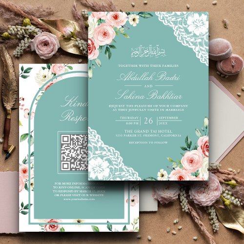 Pink Floral Teal Mint Lace QR Code Muslim Wedding Invitation