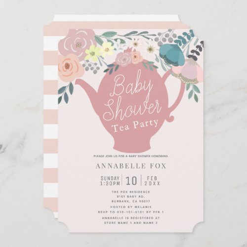 Pink Floral Teapot Tea Party Baby Shower Invitation