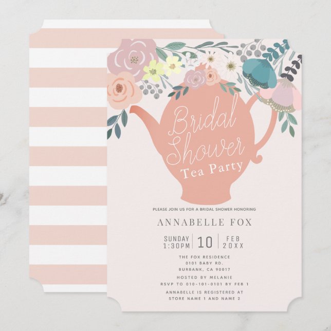 Pink Floral Teapot Tea Party Bridal Shower Invitation (Front/Back)