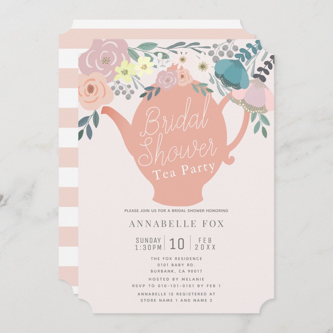 Pink Floral Teapot Tea Party Bridal Shower Invitation | Zazzle