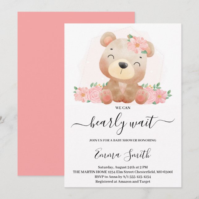 Pink Floral Teddy Bear Baby Shower Invitation (Front/Back)