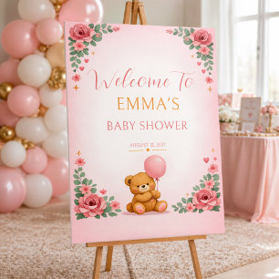 Pink Floral Teddy Bear Baby Shower Welcome Foam Board