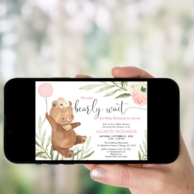 Pink floral teddy bear balloon girl baby shower invitation (Front Digital)