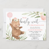 Pink floral teddy bear balloon girl baby shower invitation (Front)
