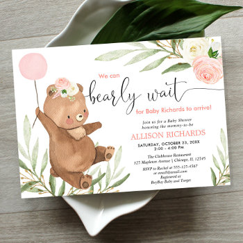 Pink Floral Teddy Bear Balloon Girl Baby Shower Invitation by StyleswithCharm at Zazzle