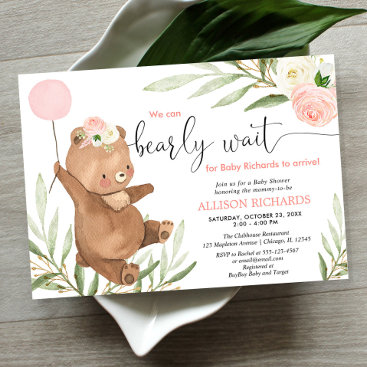 Pink floral teddy bear balloon girl baby shower invitation