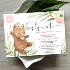 Pink Floral Teddy Bear Balloon Girl Baby Shower Invitation at Zazzle