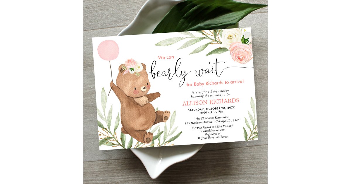 Pink floral teddy bear balloon girl baby shower invitation | Zazzle