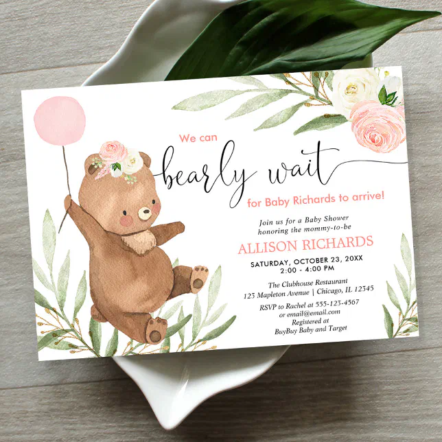 Pink floral teddy bear balloon girl baby shower invitation | Zazzle