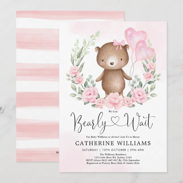 Pink Floral Teddy Bear Balloons Girl Baby Shower Invitation | Zazzle