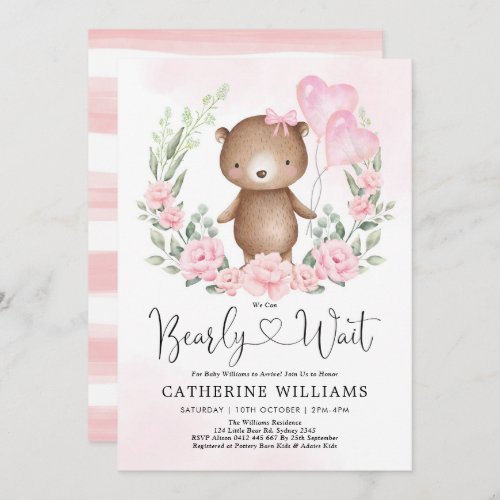 Pink Floral Teddy Bear Balloons Girl Baby Shower Invitation