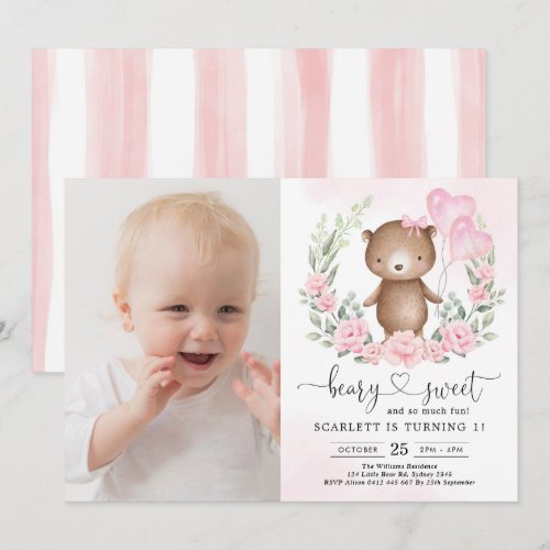 Pink Floral Teddy Bear Girl 1st Birthday Party