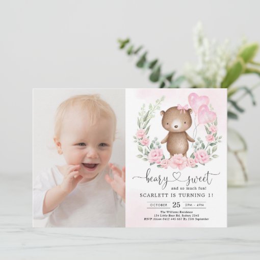 Pink Floral Teddy Bear Girl 1st Birthday Party Invitation | Zazzle