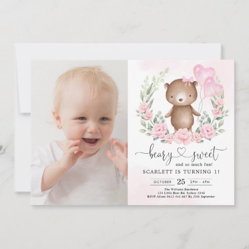 Pink Floral Teddy Bear Girl 1st Birthday Party Invitation | Zazzle