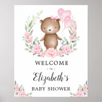 Pink Floral Teddy Bear Girl Baby Shower Welcome Poster
