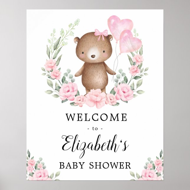 Pink Floral Teddy Bear Girl Baby Shower Welcome Poster (Front)