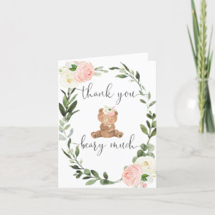 Pink floral teddy bear greenery eucalyptus cute letterpress thank you card