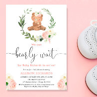 Pink floral teddy bear greenery girl baby shower invitation