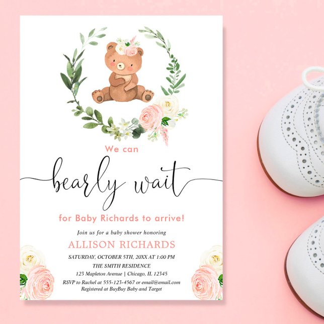 Pink floral teddy bear greenery girl baby shower invitation (Creator Uploaded)