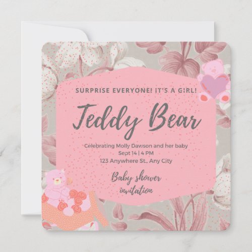 Pink floral teddy bear greenery girl baby shower  invitation