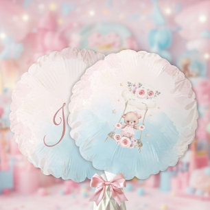 Pink Floral Teddy Bear on Swing Custom Balloon