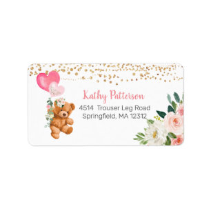 Pink Floral Teddy Bear Return Address Label