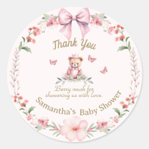 Pink Floral Teddy Bear Thank You Sticker