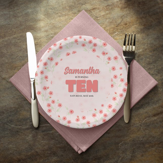 Pink Floral Tenth Birthday Girl Party Custom Paper Plates (Tenth birthday party custom party plates. )