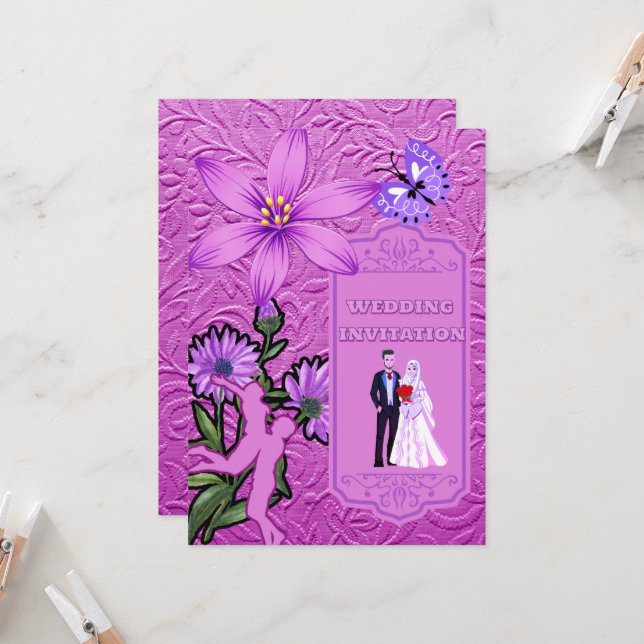 Pink Floral Texture Islamic Wedding Invitation (Front/Back In Situ)