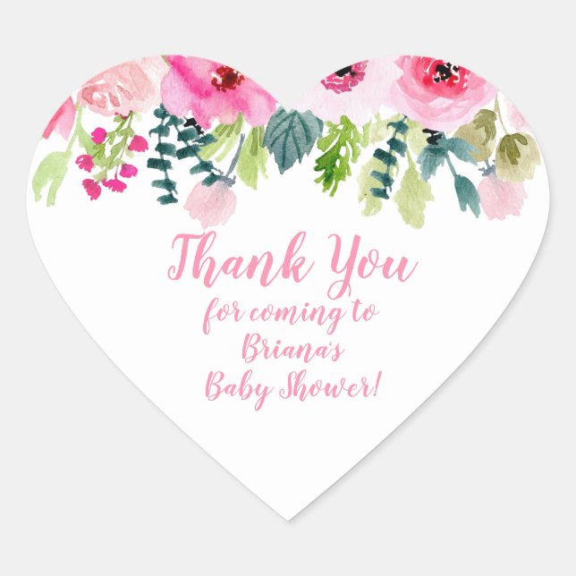Pink Floral Thank You Baby Shower Favors Heart Sti Heart Sticker (Front)