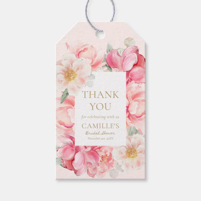 Pink Floral Thank you Bridal Shower Gift Tags | Zazzle
