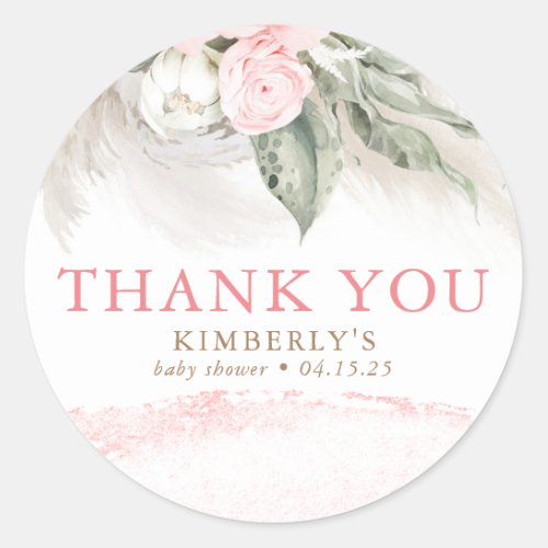 Pink Floral Thank You Classic Round Sticker
