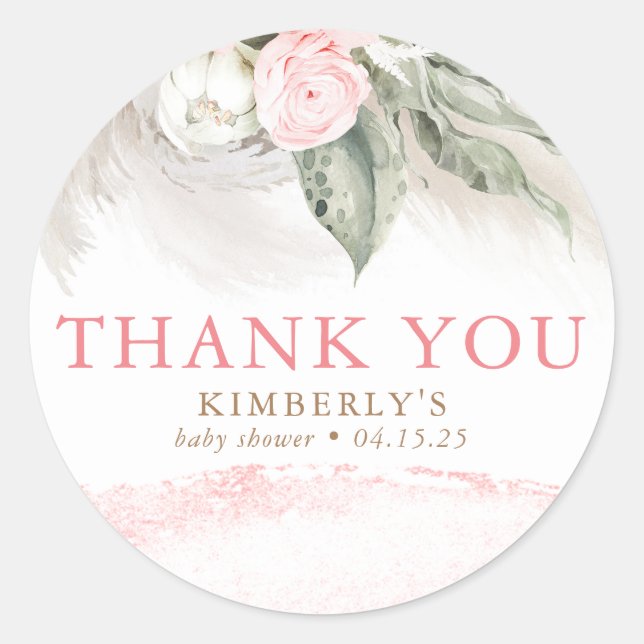 Pink Floral Thank You Classic Round Sticker (Front)