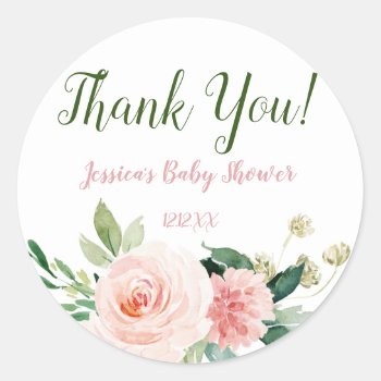 Pink Floral Thank You Classic Round Sticker by MaggieMart at Zazzle