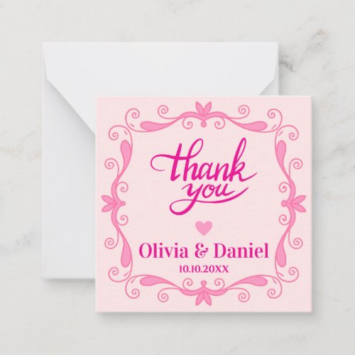 Pink Floral Thank You, Elegant Calligraphy Wedding Note Card