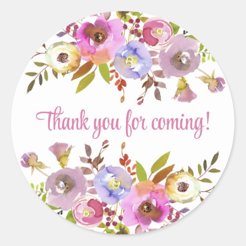 Pink floral thank you for coming  classic round sticker