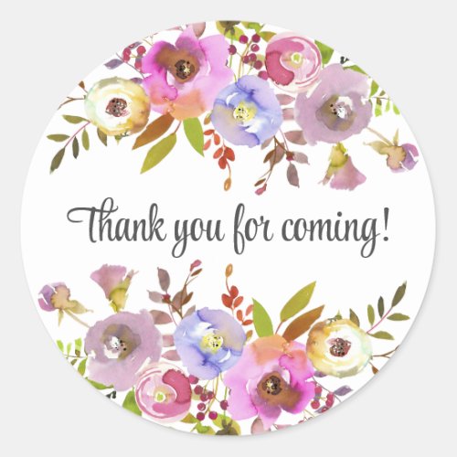 Pink floral thank you for coming  classic round sticker
