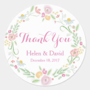 Pink Floral Thank You Wedding Favour Stickers