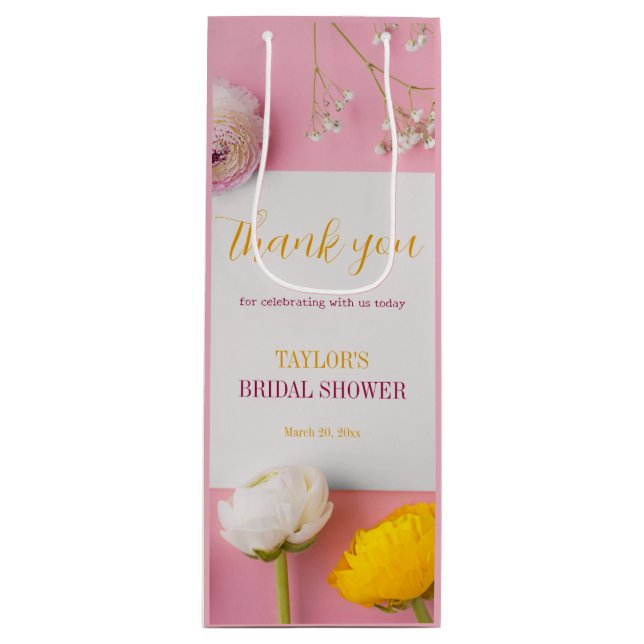 Pink Floral Theme Bridal Shower Wine Gift Bag (Front)