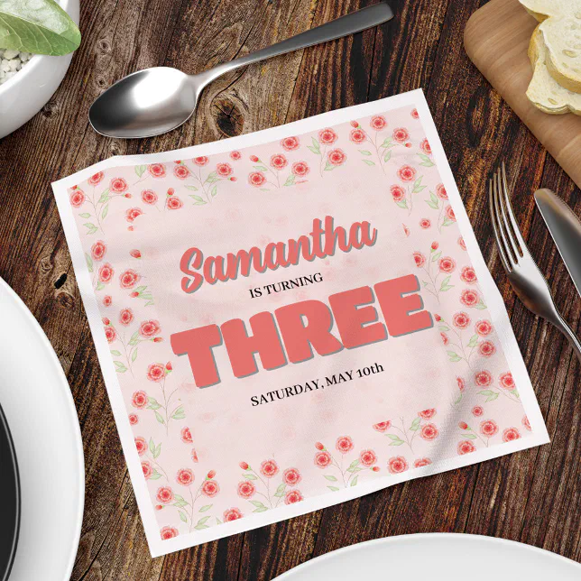 Pink Floral Third Birthday Girl Custom Party Napkins | Zazzle