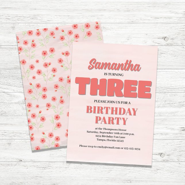 Pink Floral Third Birthday Girl Party Template (Girl's Third Birthday Party Invitation. )