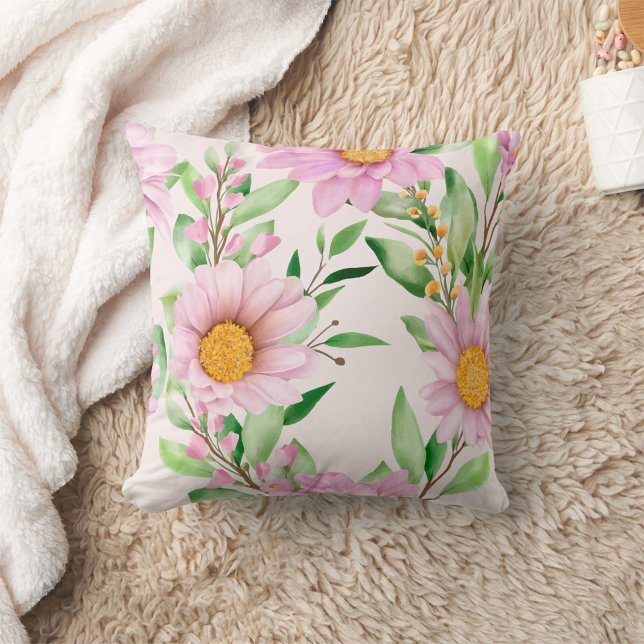Pink Floral Throw Pillow (Pink Flowers and green leaves floral pillow!)