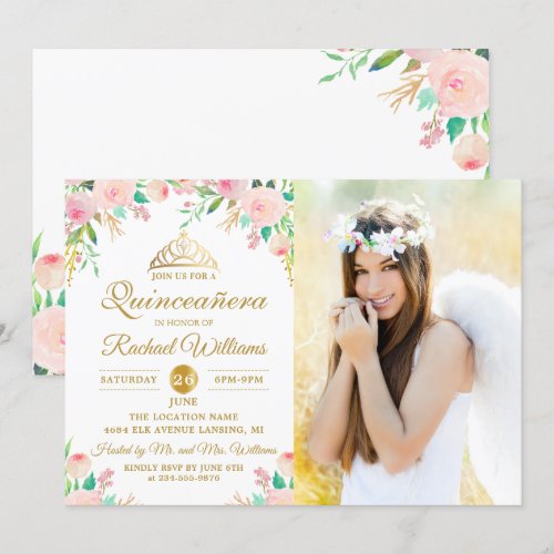 Pink Floral Tiara Quinceañera 15th Birthday Photo Invitation